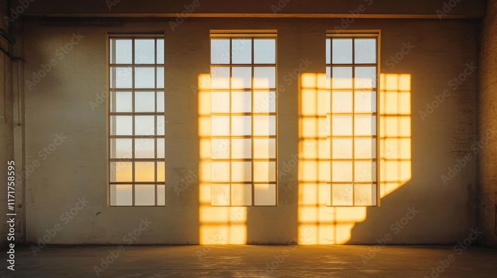 Fototapete sunlight streams through three large windows in an empty room, casting shadows on the wall.