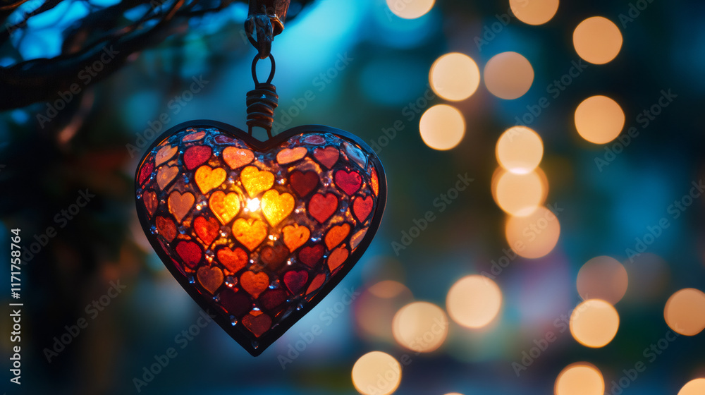 Aufkleber glowing heart-shaped lamp casting soft warm light, creating dreamy bokeh effect for romantic valenti