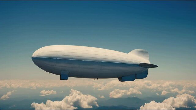 Airship gliding through clouds over scenic landscapes in clear blue sky