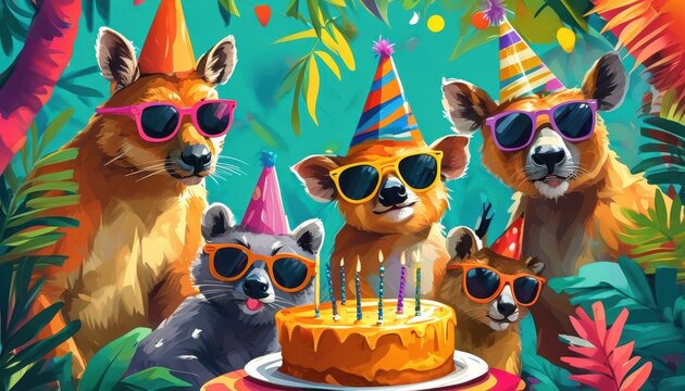 funny cartoon illustration of cute animals celebrating a birthday with a cake and candles