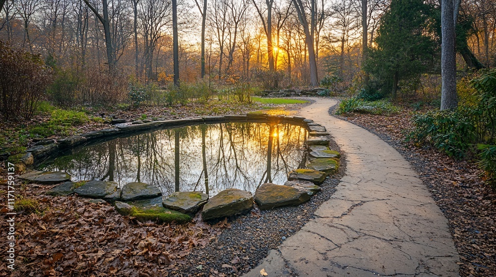 Poster serene sunset view of a stone-lined pond and winding pathway in a tranquil autumnal park.