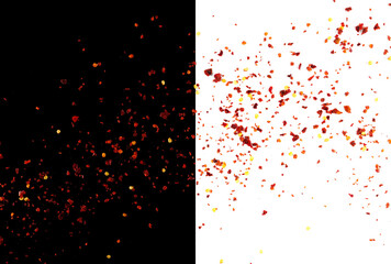 Spicy chili red pepper flakes flying, chopped, milled dry paprika pile isolated on white	and black