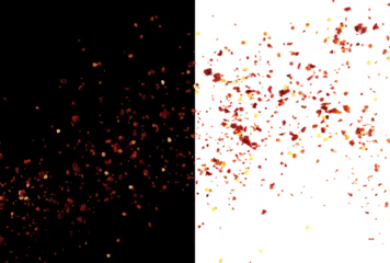 Fotobehang Chili Pepers Spicy chili red pepper flakes flying, chopped, milled dry paprika pile isolated on white and black  © dule964