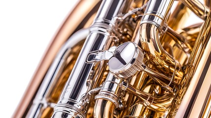 Close-up of brass instrument showcasing intricate tubing and valve mechanism.