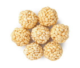 Delicious puffed rice balls isolated on white, top view