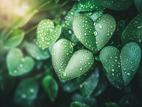 Beautiful heart-shaped leaves glistening with water droplets under sunlight in a lush garden