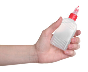 Woman with bottle of glue on white background, closeup