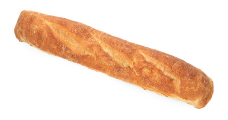 One freshly baked baguette isolated on white, top view