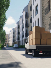 Delivery truck transporting packages on a quiet residential street in bright daylight
