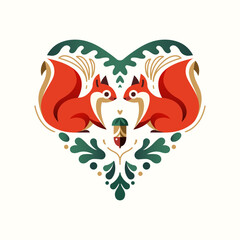 Decorative illustration of two squirrels in the shape of a heart, with an acorn and decorative elements. Vector Illustration. Good for greeting postcard, romantic event, Valentine's Day. 