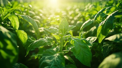 Naklejka premium Vibrant Green Leaves in Sunlit Field