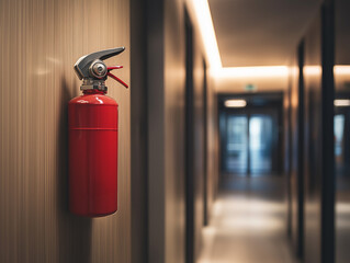 Fire extinguisher mounted on the wall in a modern hotel hallway at night