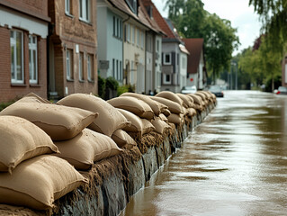 Flood barrier made of sandbags protects homes from rising water on a rainy day in a residential area