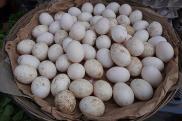 Duck eggs are kept on the basket