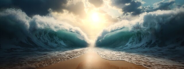 Sea parts allowing people pass. Passover illustration concept. Shevi'i shel Pesach. The splitting of the Sea occurred. 