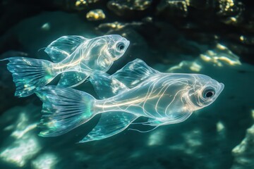 Ethereal fish with translucent bodies and glowing veins, floating gracefully in the clear waters of a tropical lagoon.
