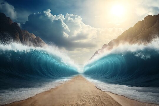 God divided the waters of the sea leaving a dry path in the middle. Sea parts allowing people pass. Passover illustration concept. Shevi'i shel Pesach. The splitting of the Sea occurred. 