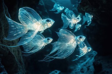 Obraz premium Ethereal fish with translucent, ribbon-like bodies and glowing, filamentous fins in shades of opalescent pearl and iridescent silver, drifting in the bioluminescent currents of a deep sea canyon.