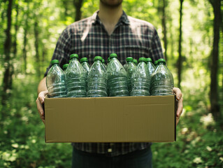 Person holding a box full of plastic bottles in a forest during daylight