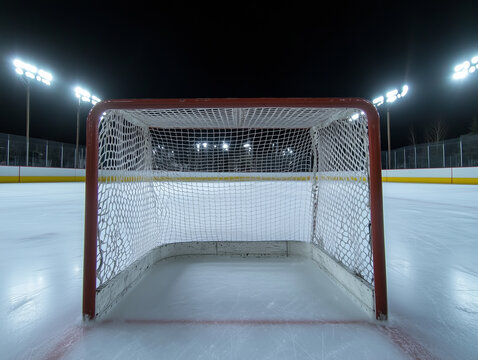 Hockey net illuminated by bright lights in a winter ice rink at night