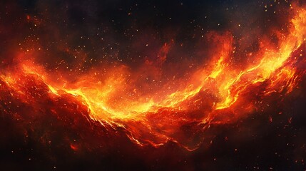 Fiery abstract landscape, swirling flames over dark red terrain.