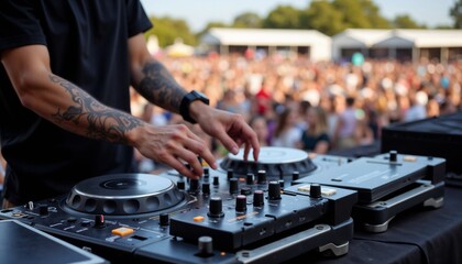 DJ Mixing Music at Outdoor Festival with Crowd