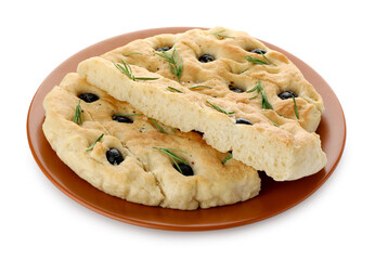 Slices of delicious focaccia bread with olives and rosemary isolated on white