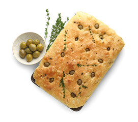 Delicious focaccia bread with olives and thyme isolated on white, top view