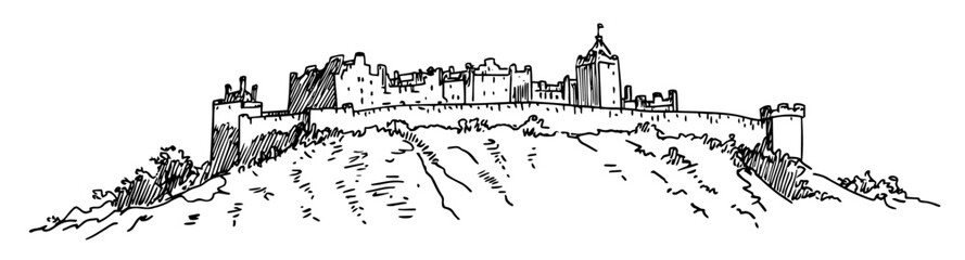 historic castle on a hill with fortified walls hand-drawn illustration
