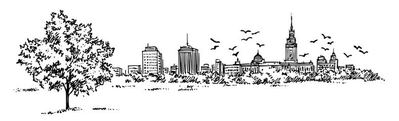 city skyline with trees birds and church spire hand-drawn illustration
