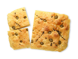 Pieces of delicious focaccia bread with olives and thyme isolated on white, top view