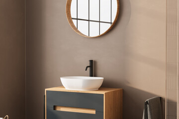A stylish bathroom vanity with a round white basin on a wooden countertop, paired with a circular...