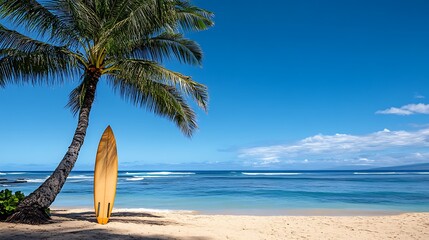 Tropical Beach Scene With Surfboard Under Palm Tree