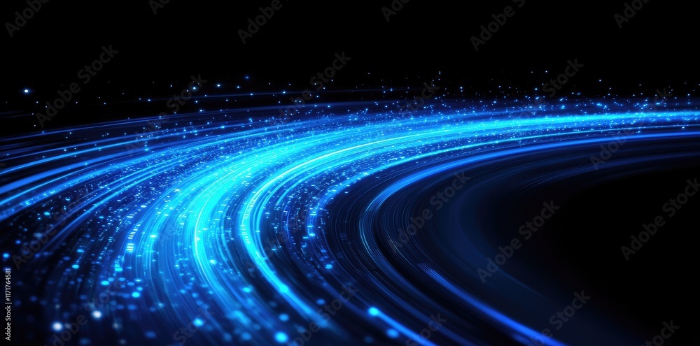 Poster abstract blue glowing light lines on a black background, conveying the speed of data transfer and a 
