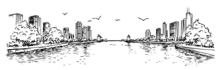 Fototapeta premium evening view of downtown Chicago with the river doodle hatching vector sketch
