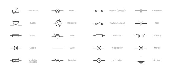 Collection of vector blueprint electronic circuit symbols - led, resistor, switch, capacitor, transformer, wire, lamp, zener, fuse, potentiometer, battery, ammeter, diode, voltmeter, cell, ground
