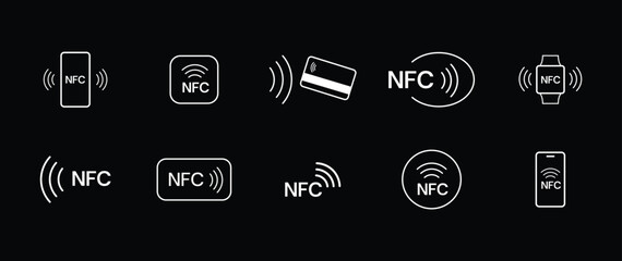 NFC payment icon set. Contactless wireless pay sign. NFC technology icon. Credit card nfc payment. Editable stroke. Vector line icon.