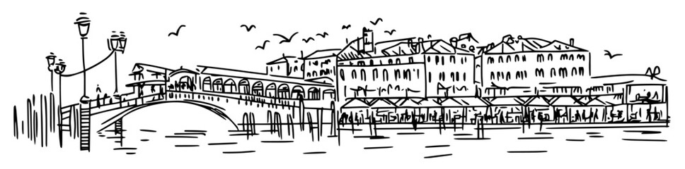 famous market on the Rialto Bridge in Venice doodle hatching vector sketch