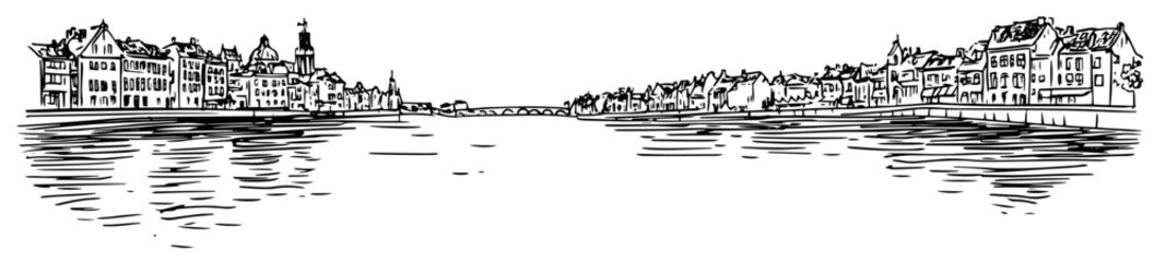 old port in Antwerp at sunrise doodle hatching vector sketch © Kaz