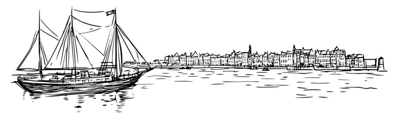 old port in Antwerp at sunrise doodle hatching vector sketch