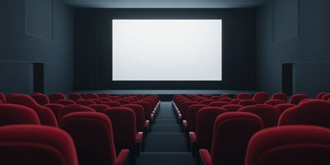 Empty movie theater with red seats and blank screen ready for screening