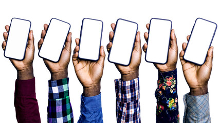 set of Black hands in long sleeves shirt holding phone facing camera isolated on transparent...