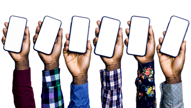 set of Black hands in long sleeves shirt holding phone facing camera isolated on transparent background. blank screen, phone screen mockup, front view, clipping path, clipping mask
