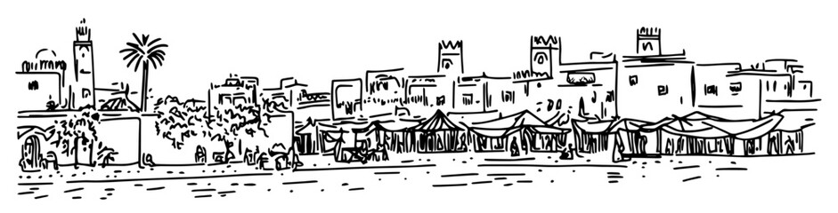 Obraz premium lively Jemaa el-Fnaa square in Marrakesh doodle hatching vector sketch