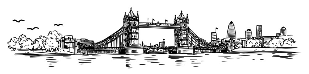 view of Tower Bridge in London doodle hatching vector sketch