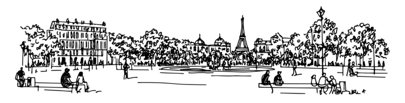 Place de la R&eacute;publique in Paris France full of street artists doodle hatching vector sketch