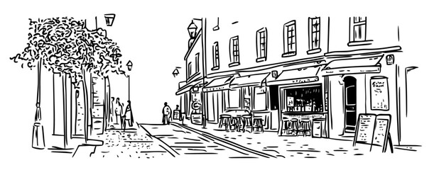 foggy street in Dublin with a traditional pub on the corner doodle hatching vector sketch