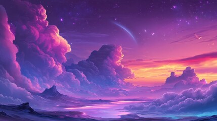 Dreamlike sunset over a surreal landscape. Purple and pink clouds fill the sky, with a shooting star streaking across.