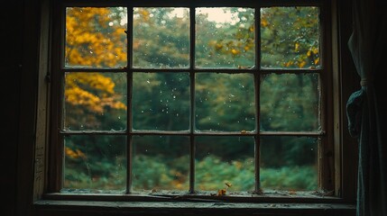 Rainy autumn day view through old window.