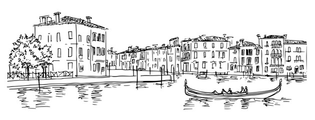 street in Venice with gondolas on the canals doodle hatching vector sketch
